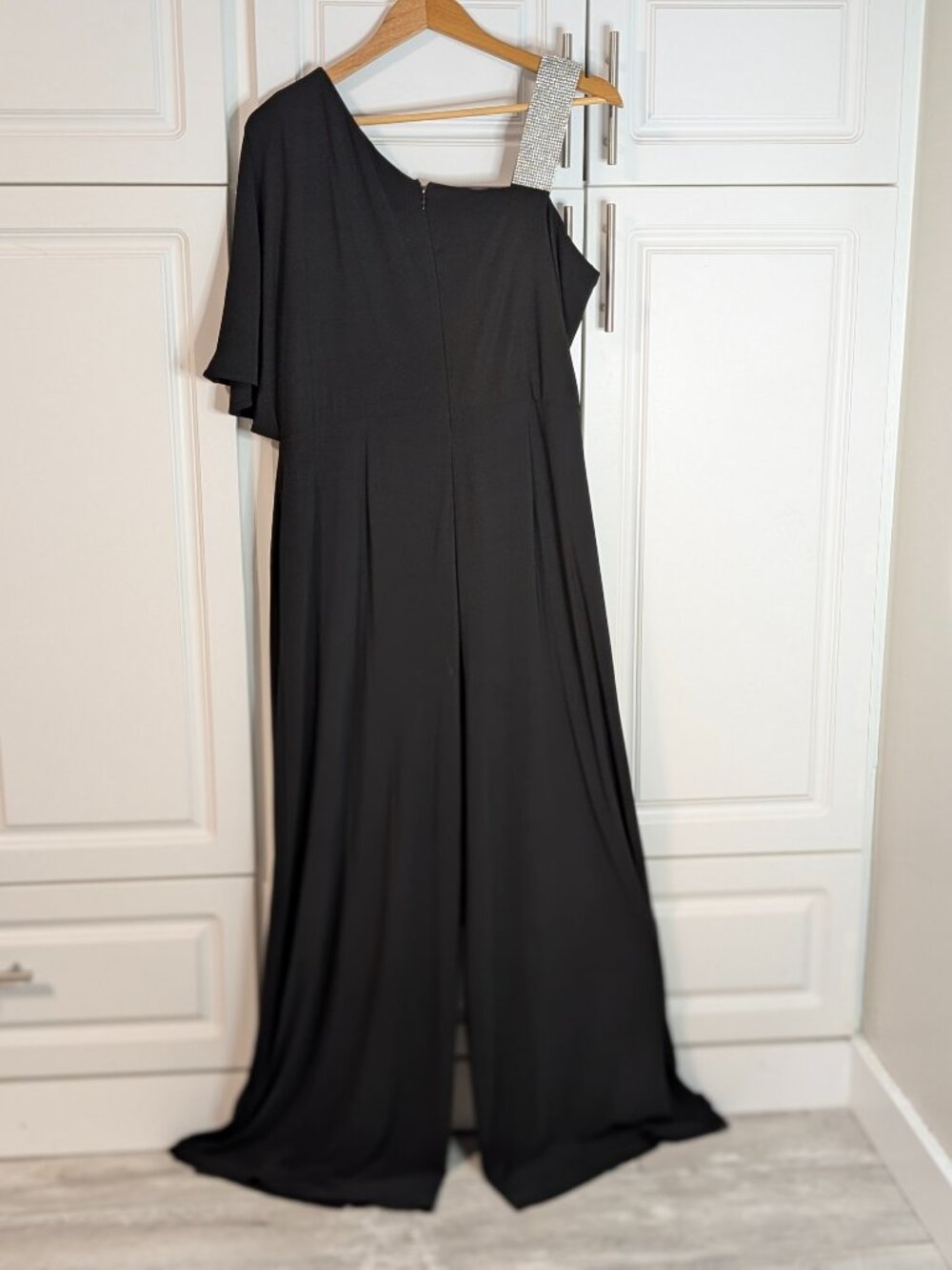 Rhinestone Strap Asymmetric Flutter Sleeve Overlay Jumpsuit - Picture 6 of 15